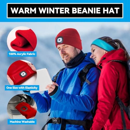 Christmas Stocking Stuffers for Men Adults, Beanie Hats with Light, USB Rechargeable LED Hand Free Headlamp, Birthday Gifts for Men, Women, and Teens, Ideal for Camping, Hiking, Red