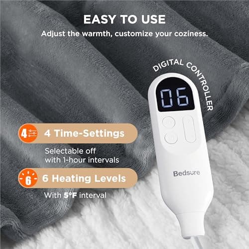 Bedsure Heated Blanket Throw Blanket - Fast Heating Electric Blanket, GentleSoft Flannel Heated Throw with 4 Time Settings, 6 Heating Settings, Warm Gifts for Grandma (50x60 inches, Grey)