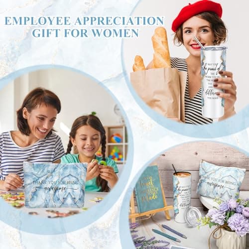 Domensi 6 Pcs Employee Appreciation Gift Set for Women Female Christmas Thank You Gift May You Be Proud 20 oz Rustic Marble Sign Tumbler Makeup Bag Journal for Teacher Nurse Lady Work Business(Blue)