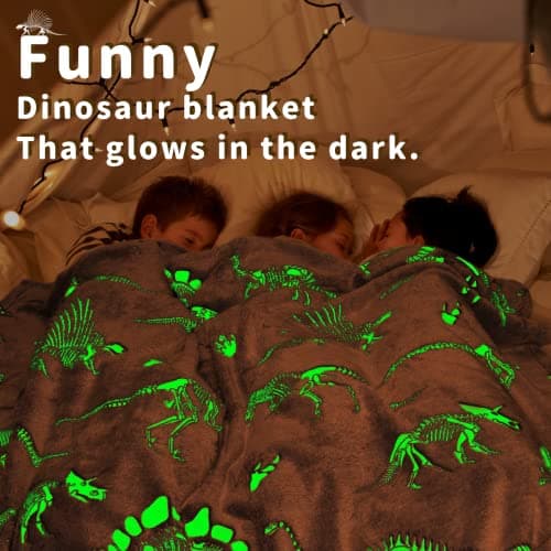 Glow in The Dark Blanket Dinosaur Throw Blanket for Boys Kids Soft Warm Cozy Cute Dino Blanket Unique Dinosaurs Toys Gifts Gray Glowing Dinosaur Room Decor Blankets for Girls Teens 50"x60"