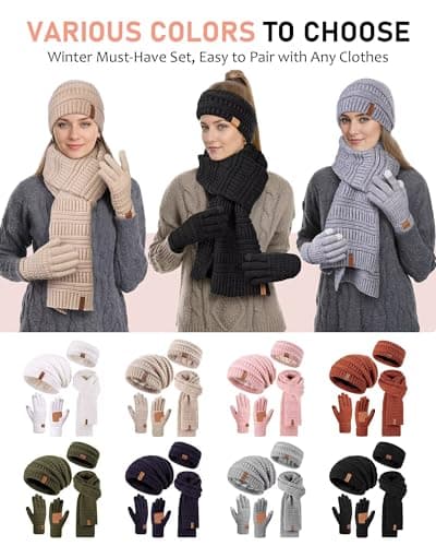 Womens Winter Beanie Hat Scarf Gloves Headband Set, Slouchy Beanie Ear Warmer Knit Scarf Touchscreen Gloves Warm 4 Gift Set