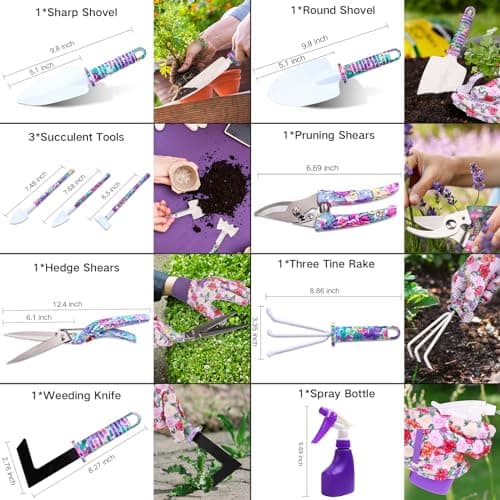 Garden Tools Set, JUMPHIGH 10 Pieces Gardening Tools with Floral Print, Ergonomic Handle Trowel Rake Weeder Pruner Shears Sprayer, Garden Hand Tools with Carrying Case Gardening Gifts for Women Father
