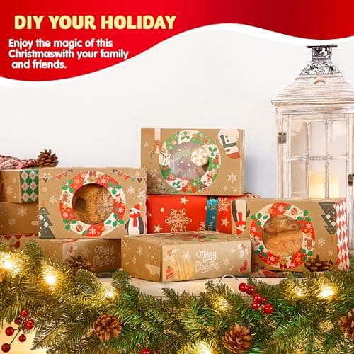 JOYIN 12PCS Christmas Cookie Boxes for Gift Giving, 8.75" x 5.75" x 2.75" Xmas Holiday Bakery Treat Boxes with Window, Kraft Cookie Tin Container Box for Baked Goods, Cupcake, Pastry, Candy, Brownies