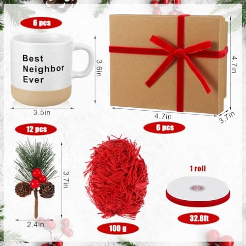 6 Set Christmas Gifts for Neighbors Best Good Neighbor Ever Gifts Ceramic Coffee Mugs Set with Box, Ribbon, Pine Branch for Xmas Holiday Neighborhood Treats Housewarming Goodbye Farewell Appreciation