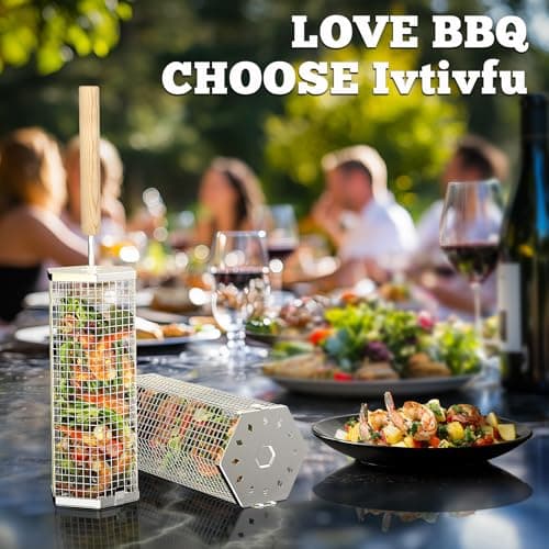 Rolling Grill Basket, Removable Wooden Handle, 304 Stainless Steel, Nesting Grilling Tools, Smoker BBQ Accessories for Vegetable, Outdoor Cooking Camping, Birthday Gifts for Men Dad Husband