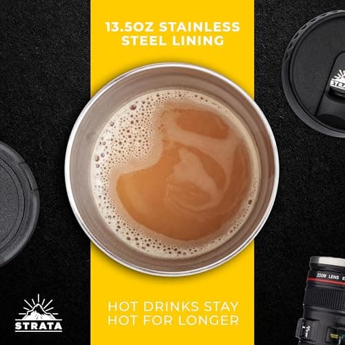 STRATA CUPS Camera Lens Coffee Mug -13.5oz | (2 LIDS + SPOON + BAG) Gift for Him, Dad Gifts, Photography, Camera accessories, Novelty Gifts
