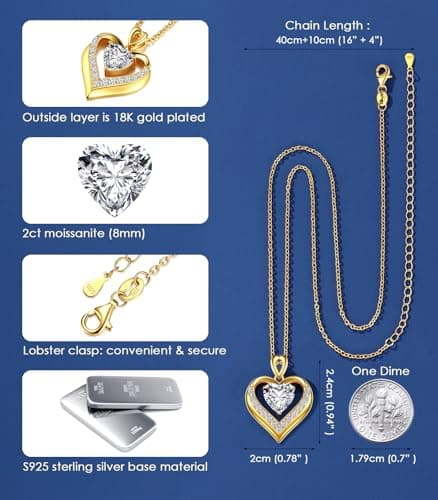 2-3 Ct Moissanite Double Heart Pendant Necklaces for Wife, 18K Gold Plated S925 Silver Jewelry for Women Girlfriend Mom Her on Anniversary Birthday