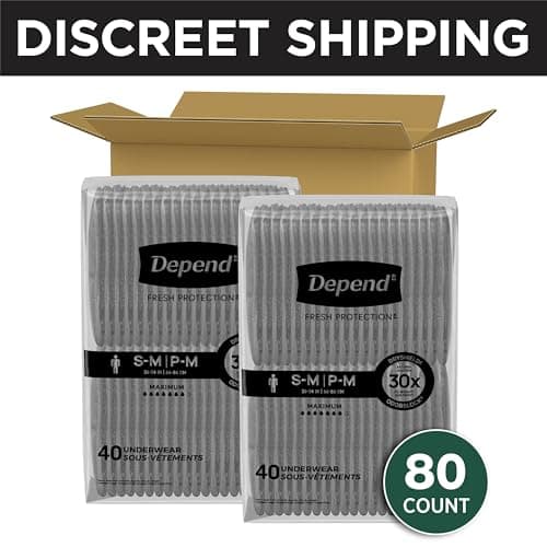 Depend Depend Fresh Protection Adult Diapers, Incontinence Underwear for Men, Disposable, Maximum, Small/Medium, Grey, 80 Count (2 Packs of 40), Packaging May Vary