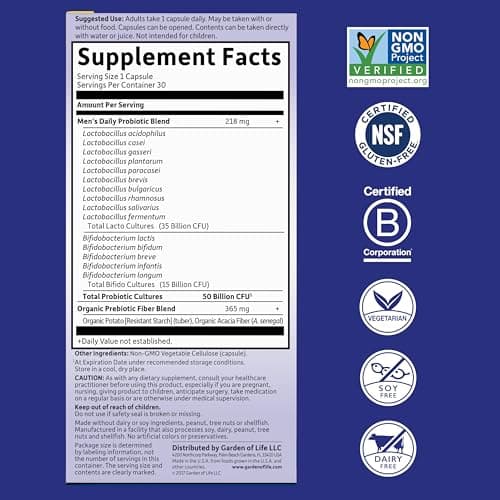 Garden of Life Garden of Life Probiotics for Men, Dr Formulated 50 Billion CFU 15 Probiotics for Digestive Health + Organic Prebiotic Fiber, Colon & Immune Support, Daily Gas Relief, Shelf Stable, 30 Capsules