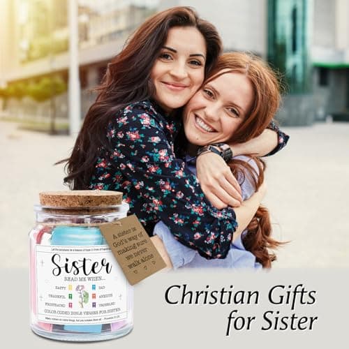 NewEleven Sister Birthday Gifts - Gift For Sister, Soul Sis, Sisters In Law - Sisters Gifts From Sister, Brother, Friend, Family - Decorative Glass Scripture Jar With 92 Bible Verse