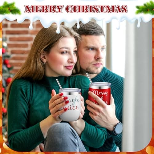 12 Pcs Christmas Wine Tumbler Set, 12 Oz Stainless Steel Double Wall Vacuum Insulated Coffee Mug Stemless Xmas Wine Glasses With Lid Straw Brushes for Women Friends Men Travel Gifts (Texts)