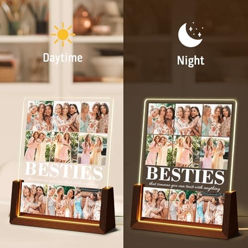 Personalized Best Friend Birthday Gifts for Women, Custom Acrylic Plaque Printed Walnut Picture Frame With LED Night Light, Personalized Christmas Gifts for Friendship, Friend, Women, Besties, BFF