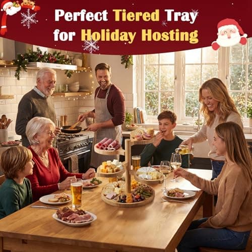 Tiered Charcuterie Board Gift for Women: Bamboo 360° Rotating Round Base with 4 Swivel Trays - White Elephant Gift, Holiday Hosting, Christmas, Birthday, Parties, House Warming Gift for Couples