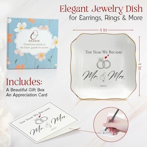 OASSIE Wedding Gifts for Couple 2025 - Mr & Mrs 4"x4" Ceramic Jewelry Dish Tray - Bridal Shower Gifts for Women, Marriage Gift Ideas, Anniversary Engagement Gifts for Couples, Jewelry Holder Dish