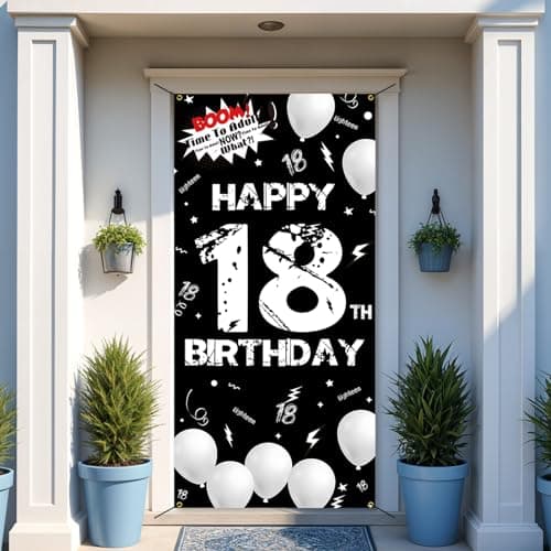 Fabric 18th Birthday Backdrop Banner Black White, Happy 18th Birthday Decoration for Men Women, 18 Year Old Birthday Party Yard Sign Photo Props Door Decor Supplies for Outdoor Indoor