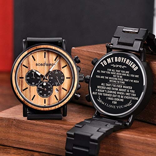 BOBO BIRD Mens Personalized Engraved Wooden Watches, Stylish Wood & Stainless Steel Combined Quartz Casual Wristwatches for Men Family Friends Customized Watch