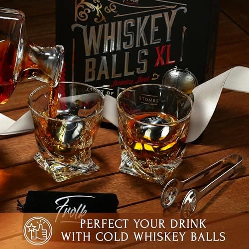 Gifts for Him - Men Dad Husband - 4 XL Stainless Steel Whisky Ice Balls, Special Tongs & Freezer Pouch in Luxury Gift Box for Whiskey Lovers!