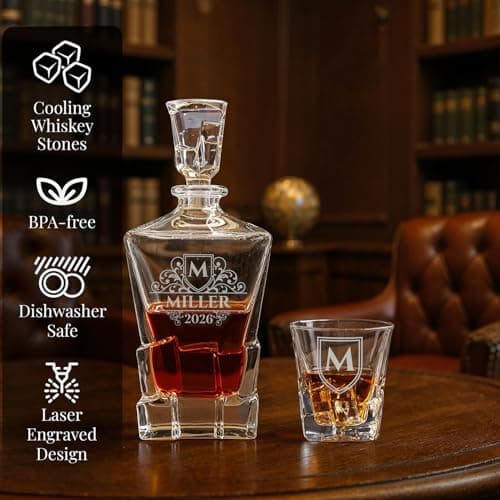 shop4ever Custom Engraved Monogram Year, Chunky Heavy Liquor/Bourbon Decanter with Glasses, Whiskey Stones, Coasters & Tongs, Premium Whiskey Gift Set for Men, Husband, Dad