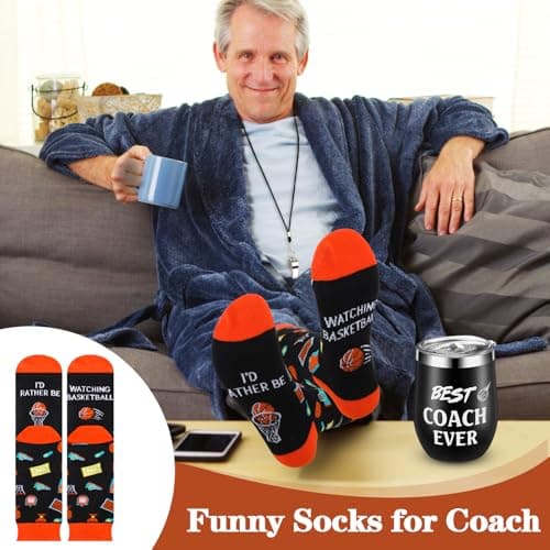 Nitial 6 Pcs Basketball Coach Gifts Teacher Appreciation Gift Set for Basketball Instructor Include Best Coach Ever Tumble Whistle with Lanyard Acrylic Sign Socks Keychain Card