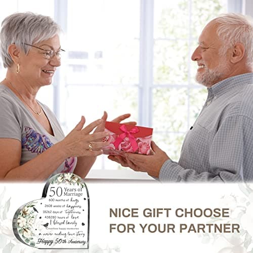 Yulejo Wedding Gift for Her: 50th Anniversary Keepsake Acrylic Heart Decor (White, 15.1 x 15.1 x 1.4 cm / 5.9 x 5.9 x 0.55 inches)