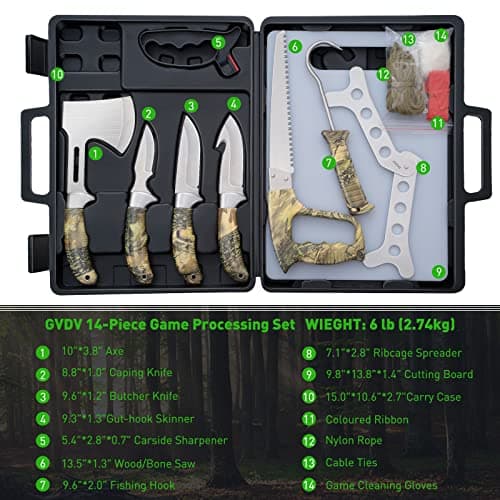 GVDV Hunting Knife Set - 14 Pieces, Portable Butcher Game Processing Kit for Men, Field Dressing Kit with Gut Hook Skinner Knife, Caping knife, Axe, Wood/Bone Saw, Spreader, Gloves, Gifts for Men