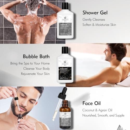 Father's Day Bath and Body Gift Basket for Men and Women, 23pcs Charcoal Luxury Home Spa Kit for Mother in Cosmetics Leather Bag, Face Oil, Birthday Gift, Self Care, perfect for Christmas, Holiday