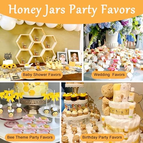 Aliggbent 48 Pack Mini Honey Jars Party Favors in Bulk, 1.5 oz Small Hexagon Glass Honey Jars with Dippers, Lids, Cute Stickers, Bee Charms, Gift Bags and Jute for Baby Showers, Weddings & Birthdays