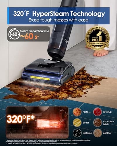Tineco Floor One S7 Stretch Steam Cordless Wet Dry Vacuum Steam Mop All-in-One, 320℉ HyperSteam, 180° Lay-Flat, Anti-Tangle Design, FlashDry Self-Cleaning, Up to 75 Min Runtime