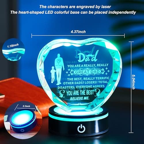 Inspiring Laser Engraved Heart-Shaped Crystal lamp, a Gift for The Best dad, a Gift for Children to give to Fathers, preparing for Dad's Birthday, Father's Day, Christmas, and Valentine's Day