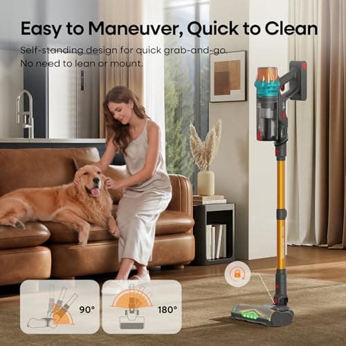 ElecKeys Cordless Vacuum Cleaner, 600W 50KPA 70Mins Self-Standing Vacuum Cleaners for Home, Stick Vacuum with Touch Screen, Upgraded Anti-Tangled Vacuum Cordless for Pet Hair, Floors, Carpets, Gold