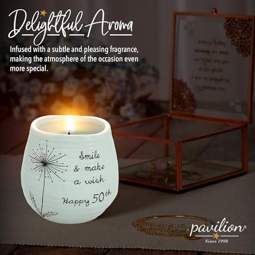 Pavilion Gift Company - 8 Oz Candle Holder - Green Ceramic Candle Jar with 100% Soy Wax Candle Serenity Scent "Smile And Make A Wish, Happy 50th" Ideal Gift for Loved Ones - Printed Text, Love Theme