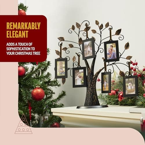 Klikel Family Tree Picture Frame Stand with 6 Hanging Photo Picture Frames - Medium Metal Tree 12 X 11 - Holds 6 Ornamental 2x3 Frames