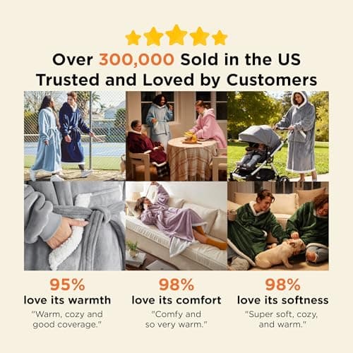 Bedsure Wearable Blanket Hoodie, Long Hooded Blanket Sweatshirt as Birthday Gifts for Women, Cozy Sherpa Hoodie for Adult, Standard, Grey