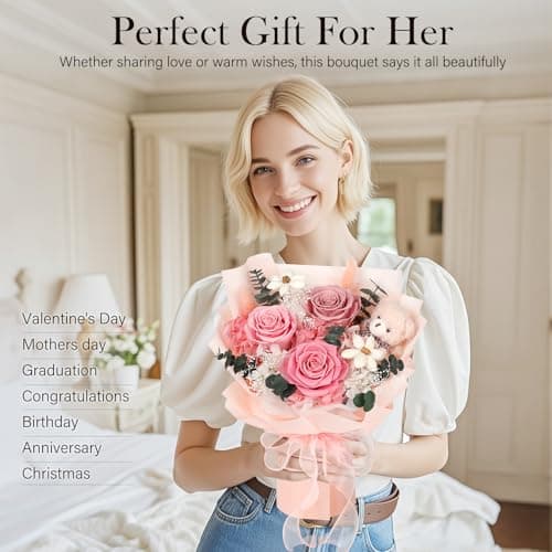 Preserved Flowers Bouquet with Bear, 3 Real Forever Flowers for Delivery, Long-Lasting Pink Eteranl Roses Bouquet Birthday Gifts for Women, Mother, Wife, Her