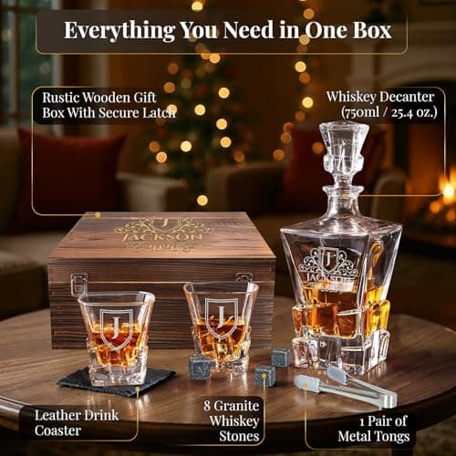 shop4ever Custom Engraved Monogram Year, Chunky Heavy Liquor/Bourbon Decanter with Glasses, Whiskey Stones, Coasters & Tongs, Premium Whiskey Gift Set for Men, Husband, Dad