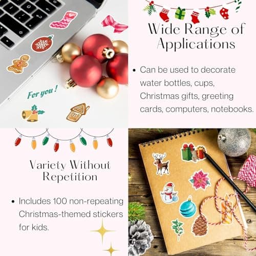 100PCS Christmas Theme Stickers, Non-Repeating Vinyl Waterproof Holiday Stickers, Holiday Gifts for Kids and Teens, Xmas Party Favorite, Stocking Stuffers for Kids Toddlers Teens Boys Girls