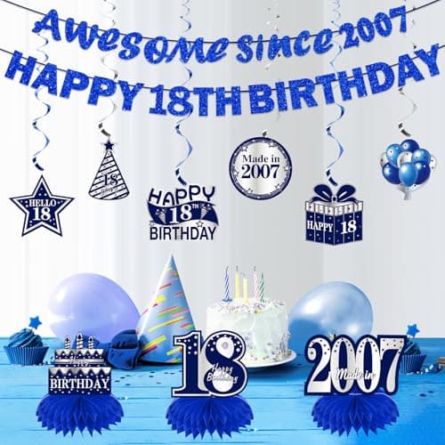 11Pcs 18th Birthday Decorations Kit for Boys Men, Blue Sliver Happy 18th Birthday Banner, Awesome Since 2007 Centerpieces Swirls Party Supplies, Eighteen Bday Banner Ceiling Table Topper Sign