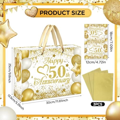 50th Anniversary Paper Gift Bag - White Gold Wedding Gift Wrapping Bag with Tissue Papers & Card - Perfect for Golden Wedding Anniversary or Christmas Decor