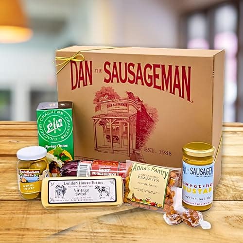 Dan the Sausageman Juneau Gourmet 8 items Gift Basket - Original Summer Sausage, Wisconsin Cheese, Mustard, Craker, Olives, Nuts and Candy | Gift Snack Box