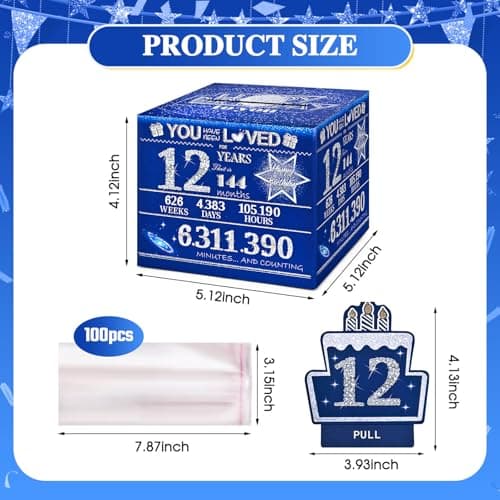 12 Happy Birthday Money Box for Cash Gift, 12th Birthday Decorations for Boys and Girls, Gifts for 12 Year Old Boy, Boy Gift Ideas, Cool Things for Teen -Blue with 100PCS Bags