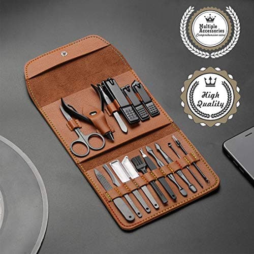 Gifts for Men/Women, Stainless Steel Manicure Set with PU Leather case, Personal Care Tool (Brown)