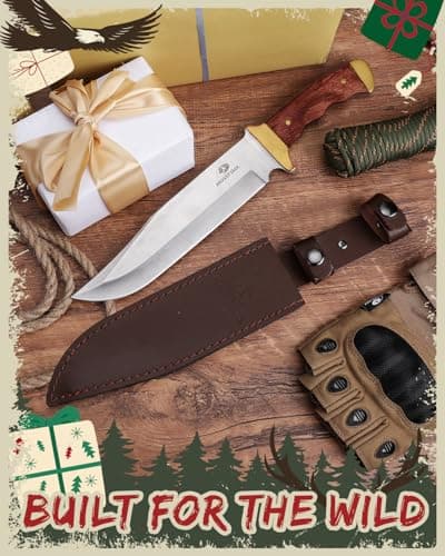 Mossy Oak 14-inch Bowie Knife, Full-tang Fixed Blade, Wood Handle Hunting Knife with Leather Sheath for Camping, Hiking, Survival