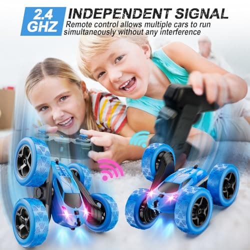 Remote Control Car, RC Cars Toys for Kids Ages 6-12, 4WD Stunt Car with LED Lights & 360° Flips, 2.4GHz, Upgraded USB-C Modular Batteries, 8-10 Year Old Boys Birthday Gift 1-Blue
