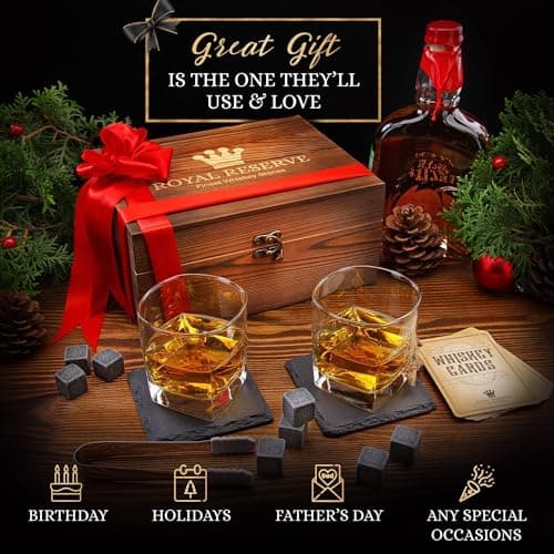 Whiskey Stones Gift Set by Royal Reserve, Artisan Crafted Scotch Bourbon Glasses, Chilling Rocks, Coasters and Tongs – Whiskey Gifts for Men Dad Boyfriend Anniversary or Retirement