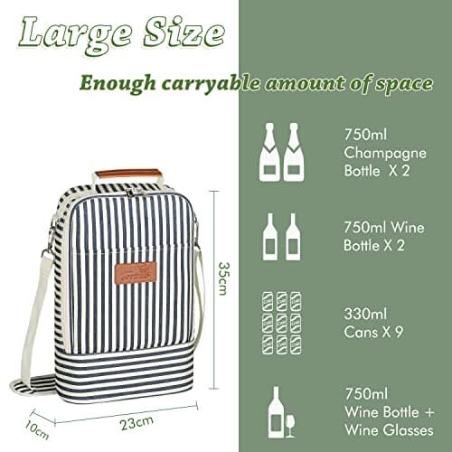 Tirrinia Insulated 2 Bottle Wine Gift Tote Bag - Wine Tumbler Glass Cooler Carrier for BYOB Restaurants, Wine Tasting, Travel, Park, Beach, Great Wine Lover Gift, Blue Stripe