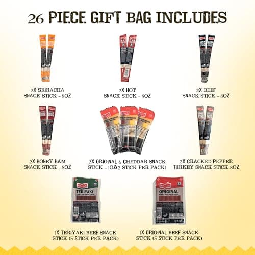 Jerky.com Gift Bag for Men | 26 Piece Meat Sticks Gift Basket with Beef Sticks, Pork, Turkey, Ham & Cheese Sticks | High Protein Snack Variety Pack | Gluten-Free Jerky Gifts for Men | Birthday Gift Basket for Him