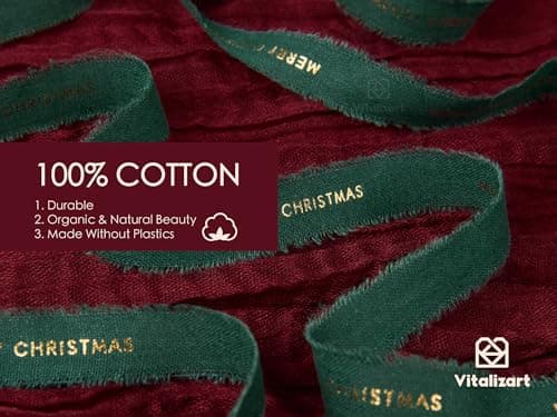 Vitalizart Merry Christmas Ribbon 5/8 Inch Natural Cotton Handmade Frayed Fringe Ribbons 15 Yd for Gift Wrapping Crafts Flower Wreath Garland Holiday Decorations Green Red White
