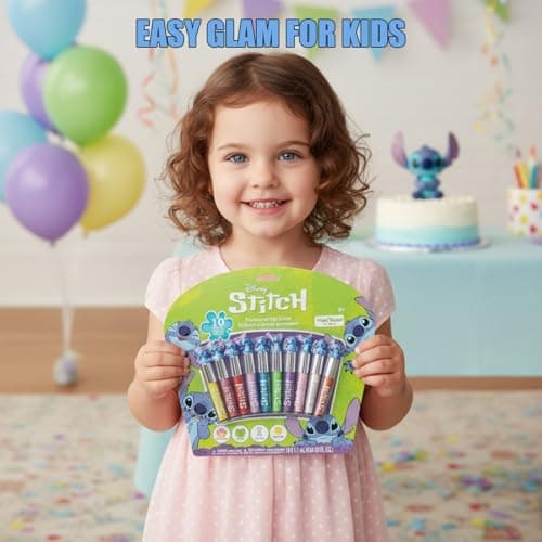 Disney Stitch 10 Piece Plant Based Lip Gloss, Girls Party Favors, First Makeup Set for Girl, Perfect for Parties, Sleepovers, and Birthday Gifts, Ages 3+, by Townley Girl