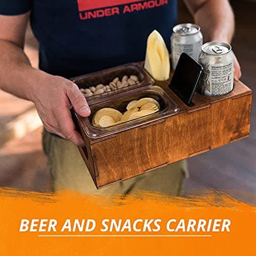 Wood Beer Box - Gift for Beer Lovers, Dad, Man, Him, Boyfriend- Drink Box Snacks Tray- Table Stand Caddy with slots for glasses, chips, nuts- Couch Organizer for Beverages, Remote Control, Phone stand