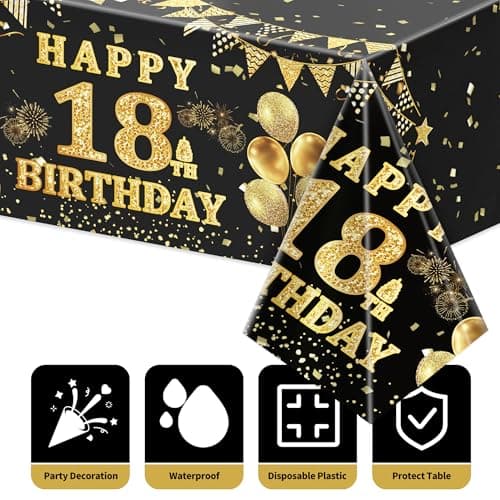 Labeol 3 Pack 18th Birthday Tablecloth, Black and Gold Happy 18th Birthday Decorations, Disposable Plastic Rectangular Table Cover Party Supplies for Boys Girls